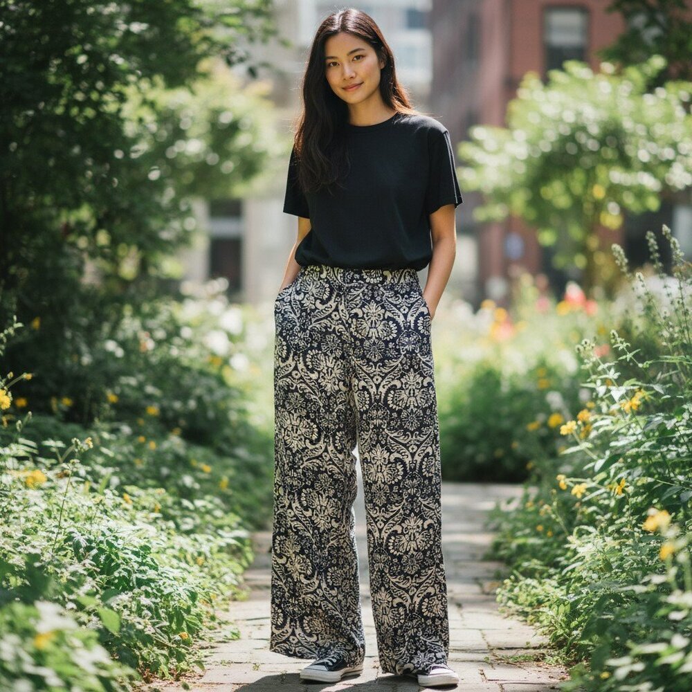 Truth NYC Womens Large Black Cream Floral Pull On Wide Leg Palazzo Pants Size L